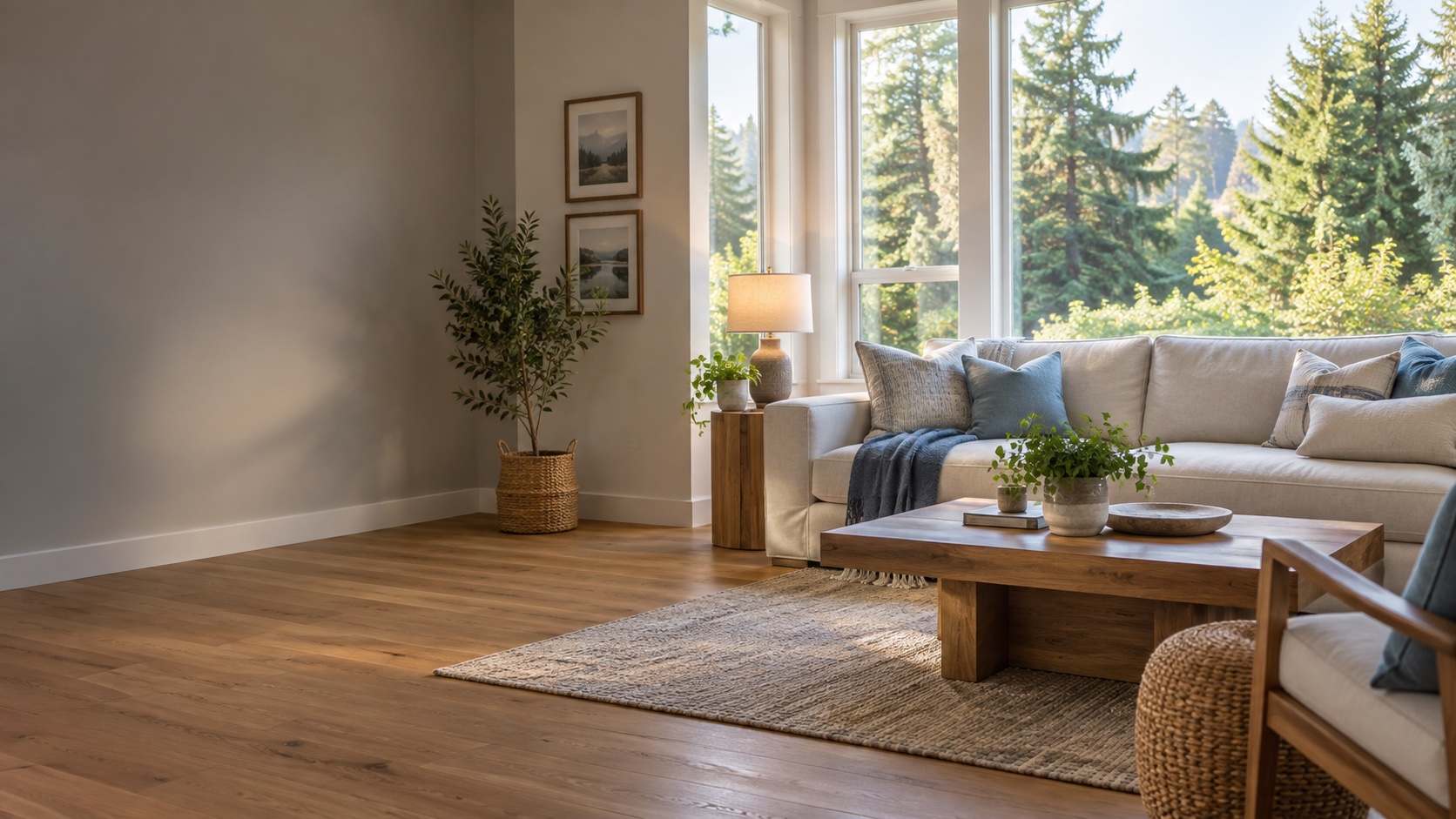 A comfortable sunlit living room with windows overlooking trees