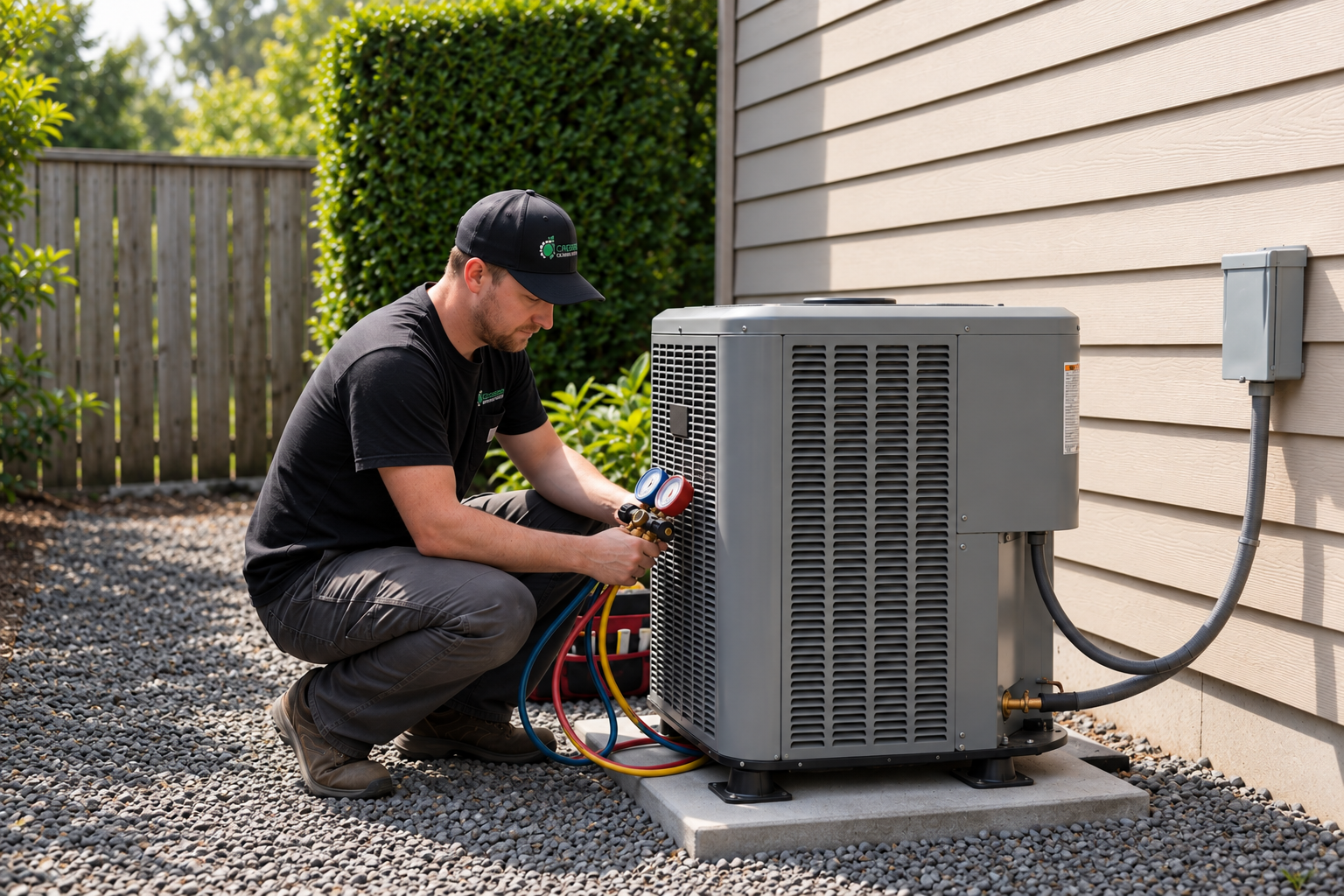 Technician checking an outdoor heating and cooling unit
