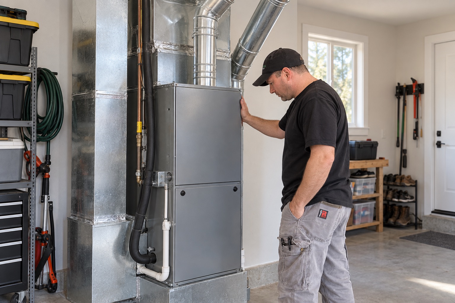 Technician inspecting a newly installed furnace and ductwork