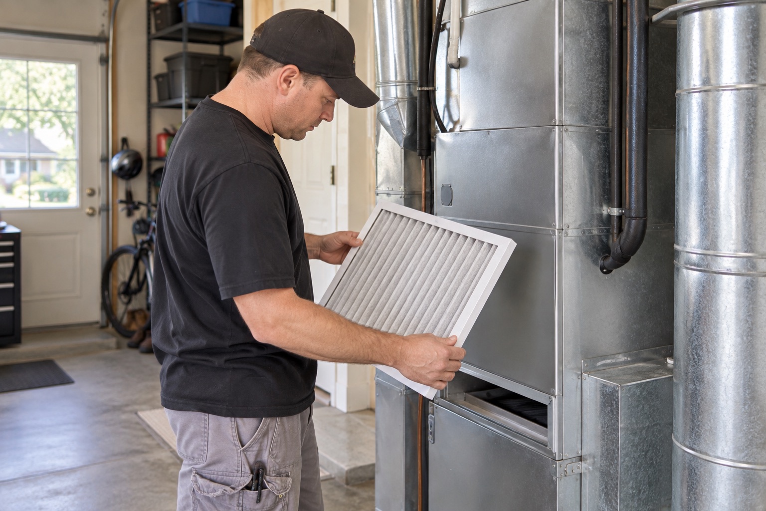 Technician checking a furnace air filter