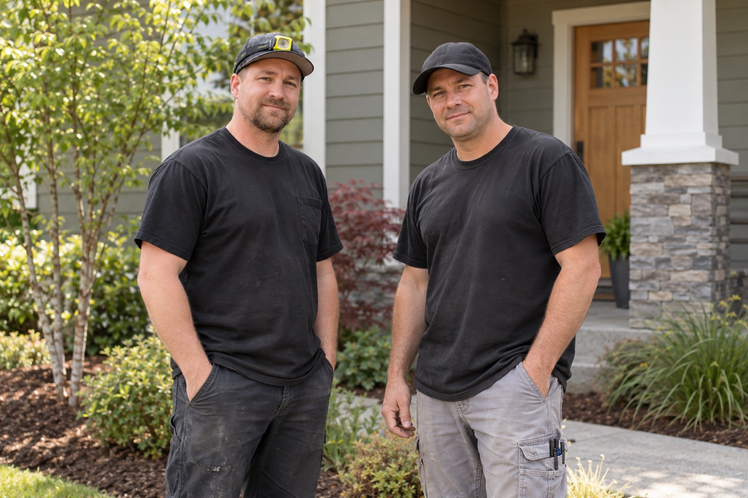 Two HVAC technicians outside a home